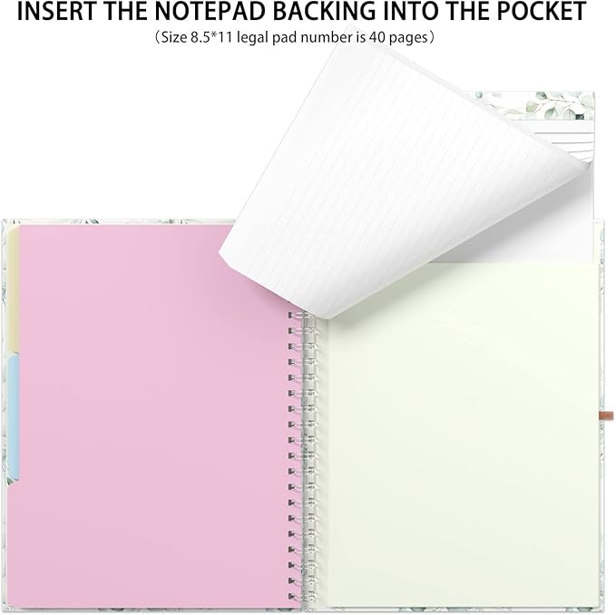 Rimilak Spiral Clipboard Folio with Refillable Lined Notepad, 14.5 x 9.8 In, Hardcover Cover with 5 Interior Pockets, Elastic Band and Pen Loop Series. Cute Stylish Clipfolio, Green Leaves