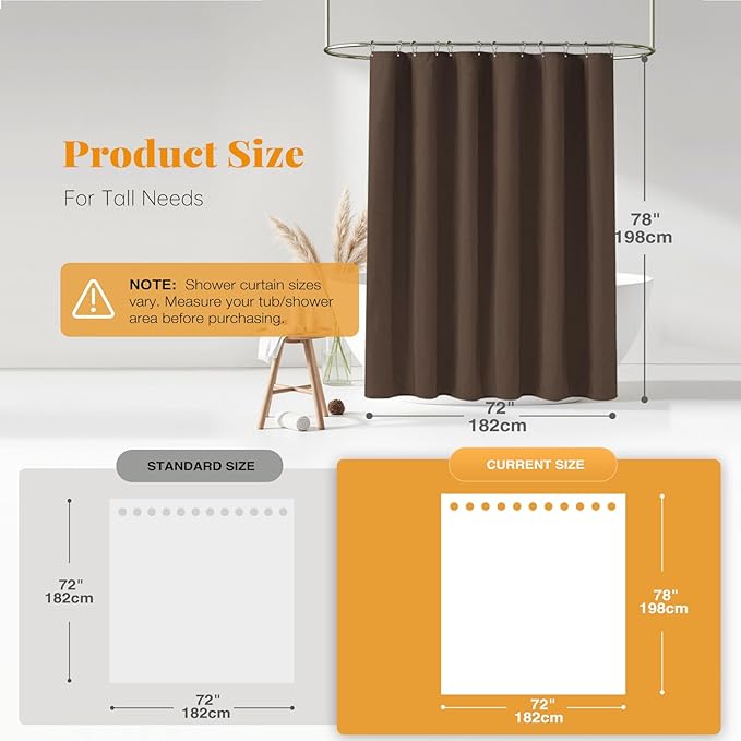 BTTN Fabric Shower Curtain, Linen Textured Heavy Duty Polyester Cloth Shower Curtain Set with Plastic Hooks, Brown, 72x78