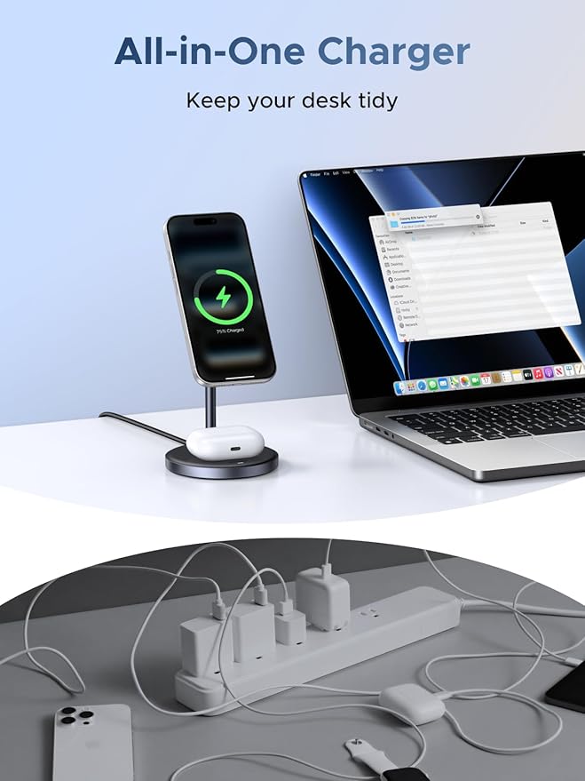 UGREEN Qi2 15W 2-in-1 Wireless Charging Stand, Fast Wireless Charger for iPhone 17 16 15 14 13 12 Series and AirPods, Dual Device Charging, MagSafe Charger Desk Charging Station for Home Office