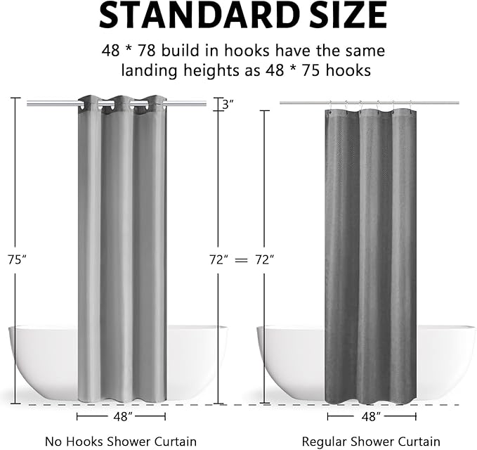 Furlinic Light Grey No Hook Small Stall Shower Curtain 48x78 Inch,Half Narrow Size Polyester Fabric Bathroom Curtains with 6 Plastic Split Grommets,Hotel Quality Waterproof Washable Bath Curtain