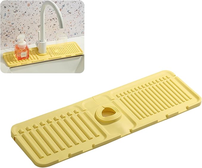 Faucet Mat for Kitchen Sink - 2024 Premium Upgrade: Enhanced Silicone Splash Guard with Rapid Drying & Dish Soap Sponge Holder, Perfect for Stone Sinks in Kitchen & Bathroom (Yellow, 3 Pack)