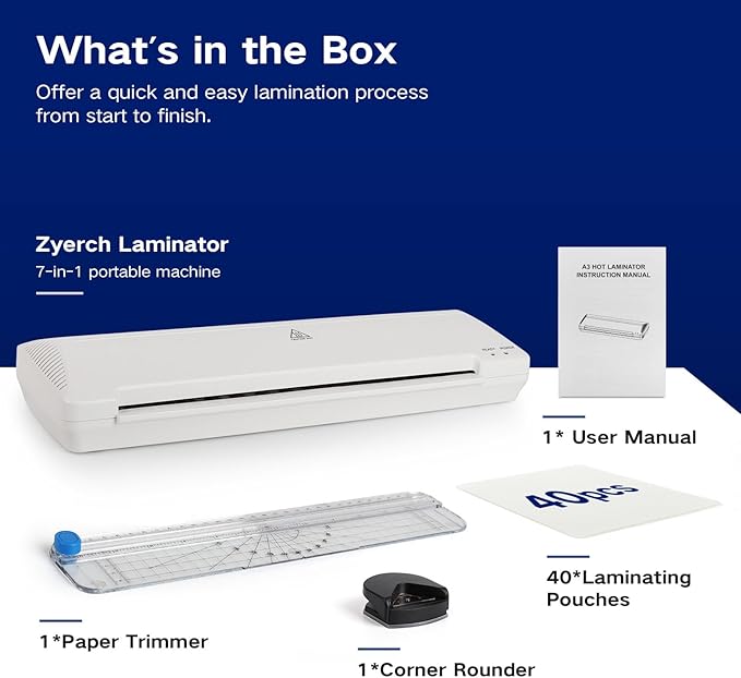 Laminator 13 Inch A3 Laminator Machine, 7 in 1 Desktop Thermal Laminator Never Jam with 40 Laminating Pouches, Paper Trimmer and Corner Rounder, Fast Warm-Up Home Office School Use, White