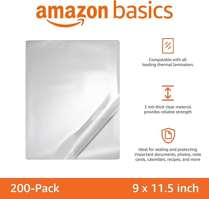 Amazon Basics Clear Thermal Laminating Plastic Paper Laminator Sheets,9 x 11.5-Inch,2.8mil,(Pack of 1200)