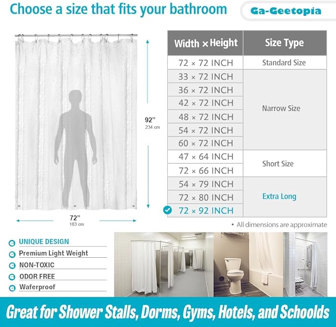 Ga-Geetopia Extra Long - EVA Clear Shower Curtain Liner, Pebble Pattern 72x92 Inch Lightweight Plastic Bathroom Shower Showroom Inner Curtain with Rustproof Metal Grommets and Weighted Magnets