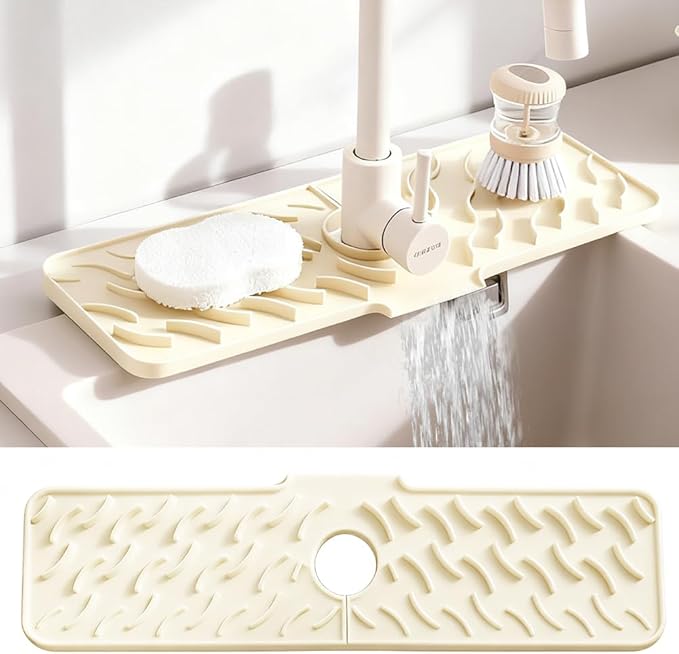 24" x 5.9" Silicone Faucet Mat for Kitchen Sink – Quick‑Drying Stone Splash Guard & Drip Tray, 0.67" Thick, Beige