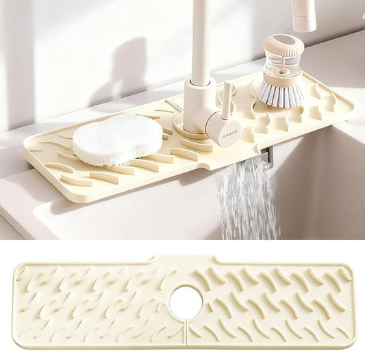 24" x 5.9" Silicone Faucet Mat for Kitchen Sink – Quick‑Drying Stone Splash Guard & Drip Tray, 0.67" Thick, Beige