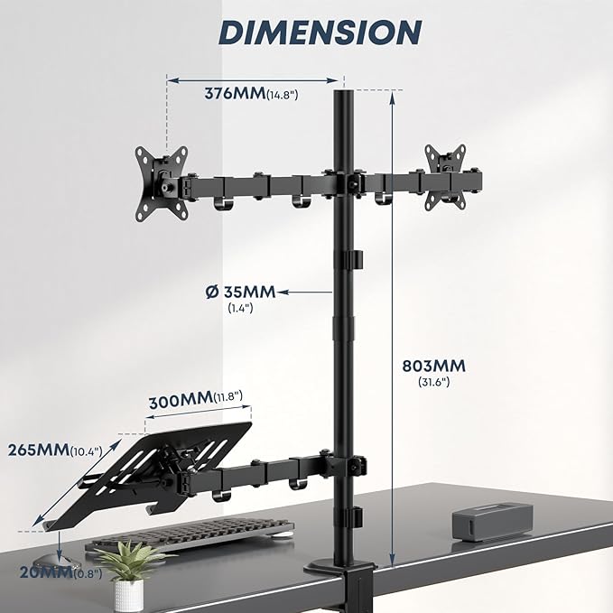 Dual Monitor Stand and Laptop Mount Fit Two 17 to 32 Inch Monitor and 10 to 17 Inch Laptop,Extra Tall Adjustable Stand,19.8 lbs Weight Capacity per Arm,Black
