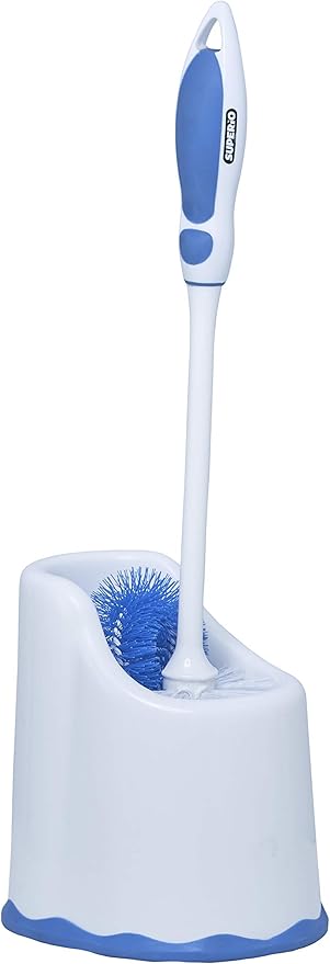 Superio Toilet Brush and Holder,Toilet Bowl Cleaning System with Scrubbing Wand, Under Rim Lip Brush and Storage Caddy for Bathroom, White and Blue