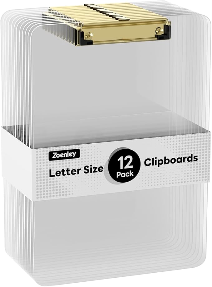 Clear Plastic Clipboard Set of 12, 12.5 x 9'' Letter Size for Classroom, Students, Teacher, Nurse, A4 Transparent 8.5 x 11'' Clip Board with Low Profile Golden Clip, Office & School Supplies