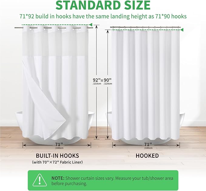 Extra Long No Hooks Needed Linen Textured Shower Curtain with Snap-in Fabric Liner Set,White Hotel Luxury Decor Shower Curtains for Bathroom,Waterproof & Washable,71Wx92H