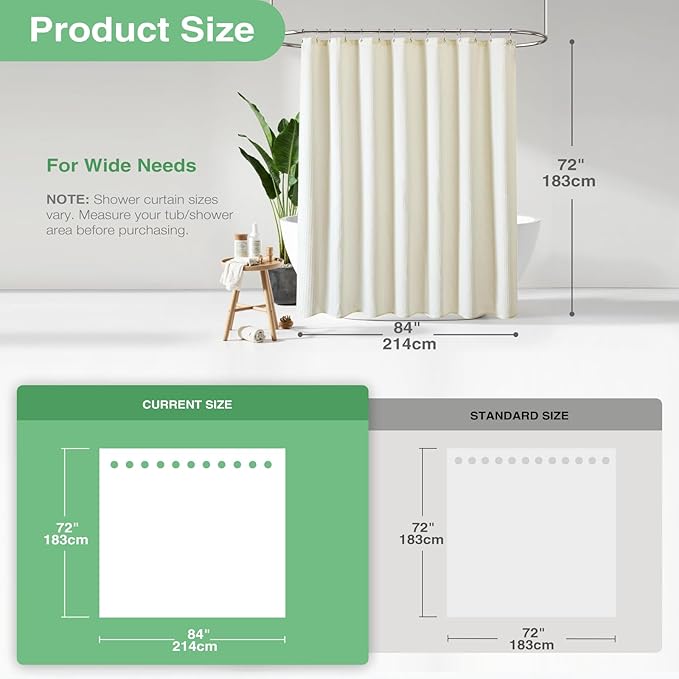 Dynamene Extra Wide Shower Curtain - 84 Inch Wide Waffle Weave Weighted Thick Cloth Bathroom Shower Curtain, Neutral Heavy Duty Hotel Bath Curtain Set with 14 Plastic Hooks, 84x72, Cream/Ivory