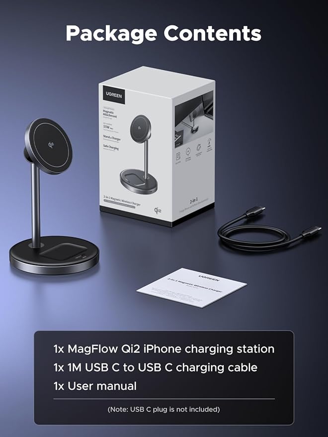 UGREEN Qi2 Certified 15W 2-in-1 Magnetic Wireless Charging Stand, Fast Charging Station for iPhone 17 16 15 14 13 12 Series and AirPods, MagSafe-Compatible Wireless Charger with 3 FT USB-C Cable