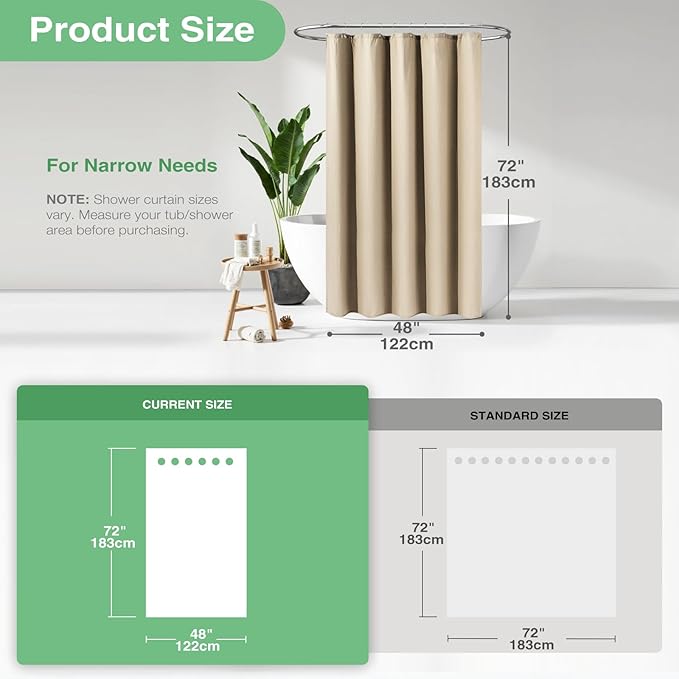 Dynamene Stall Fabric Shower Curtain - 48 inch Wide Waffle Weave Weighted Thick Cloth Shower Curtain for Bathroom, Neutral Heavy Duty Hotel Spa Luxury Bath Curtain Set with 8 Hook, 48x72, Beige/Khaki