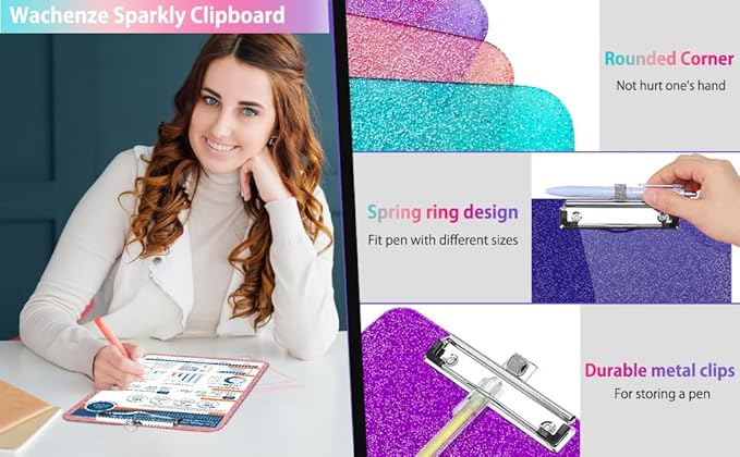 Sparkly Clipboard with Pen Holder, Clear Plastic Glitter Clip Board, Hanging Shiny Clipboards with Low Profile Metal Clip, Letter A4 Size for Taecher Women Office School (Dark Purple)