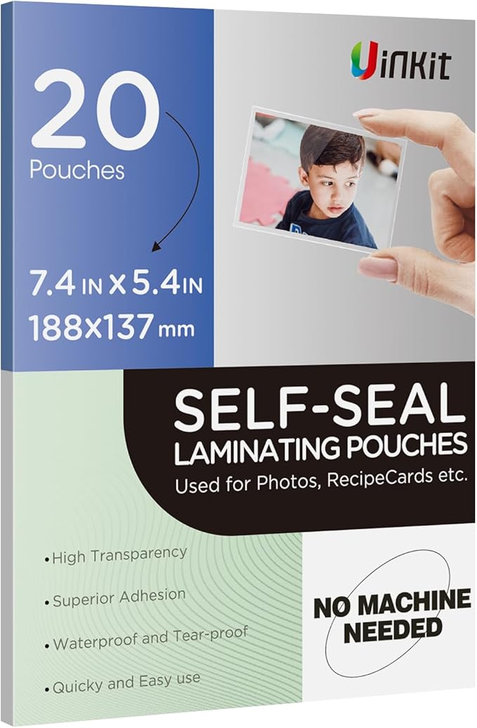 Uinkit 10mil Thicker Self Sealing Photo Laminating Pouches 5 x7", 20Pack Double-Sided for Recipe Cards & Photos, Waterproof Plastic Sleeves to Preserve Pictures, Index Flashcards
