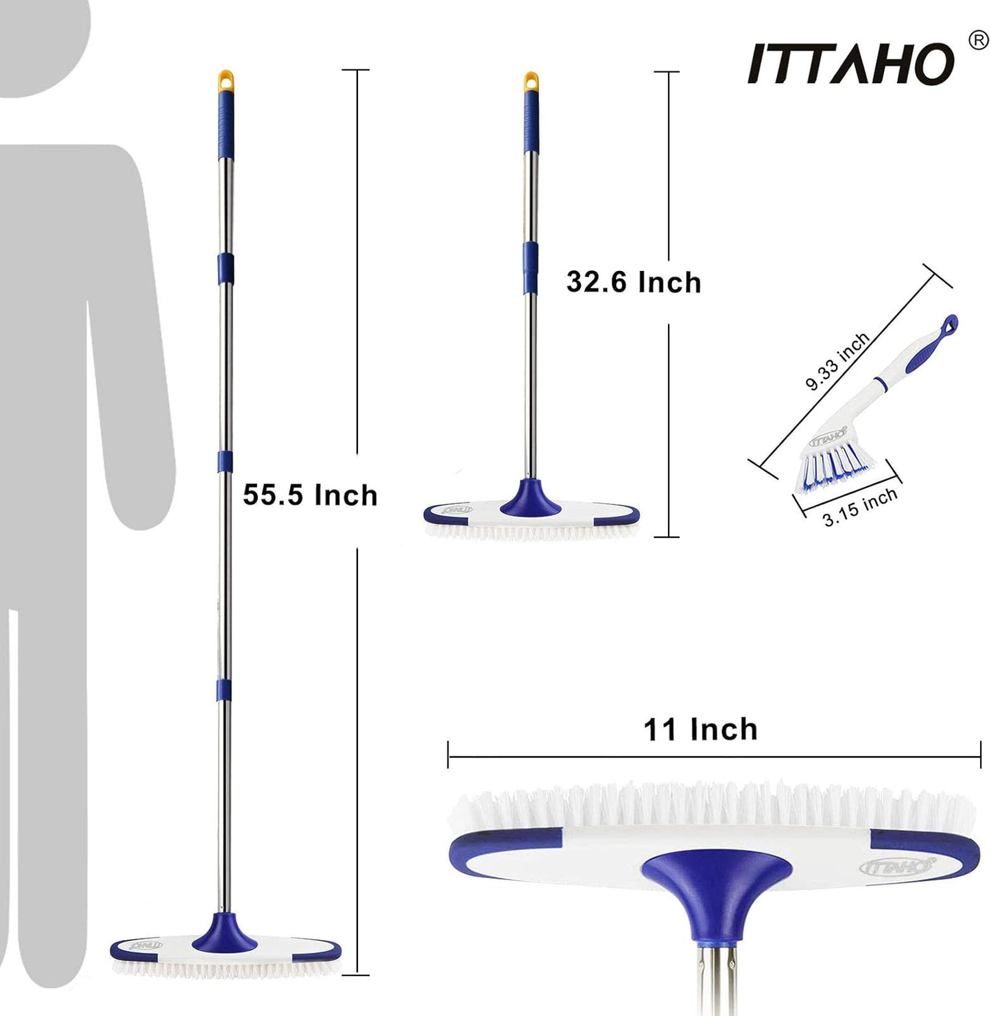 ITTAHO Floor Scrub Brush with Long Handle - 53" Deck & Grout Cleaner Brush Set for Tile, Marble, Stone, Bathroom, Patio, Garage, Deck & Floor Cleaning