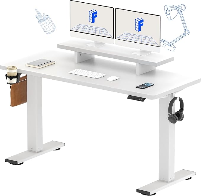 FLEXISPOT Standing Desk with Monitor Stand, 55 x 24 Inches One-Piece Electric Height Adjustable Computer Desk with Cup Holder, Home Office Desks (White Frame+ White Top)