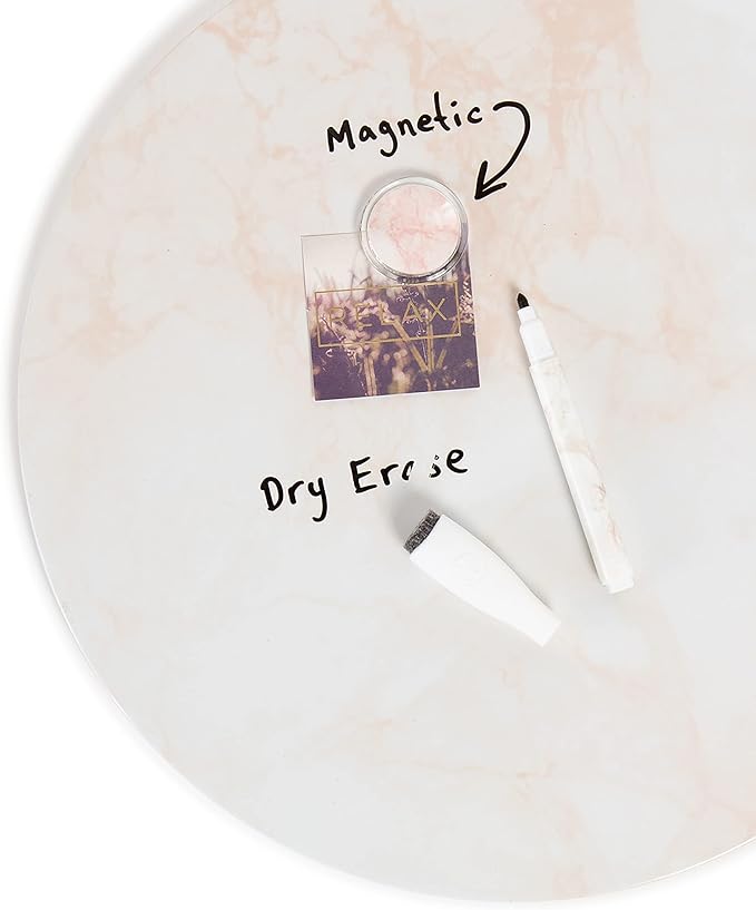 U Brands Magnetic Round Coral Marble Dry Erase Board White Board, Includes Marker, 12” Diameter