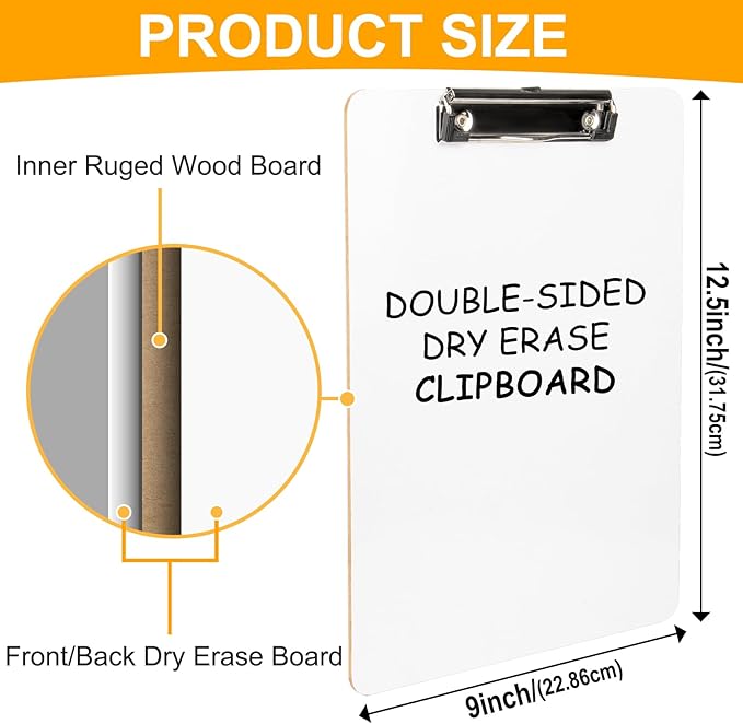 Dry Erase Wood Clipboard 8 Pack, Hardboard Clip Board 8.5x11 for Classroom, Students, Kid, Size 9" x 12.5", Double-Sided White Board, with Low Profile Clip, Office & School Supply