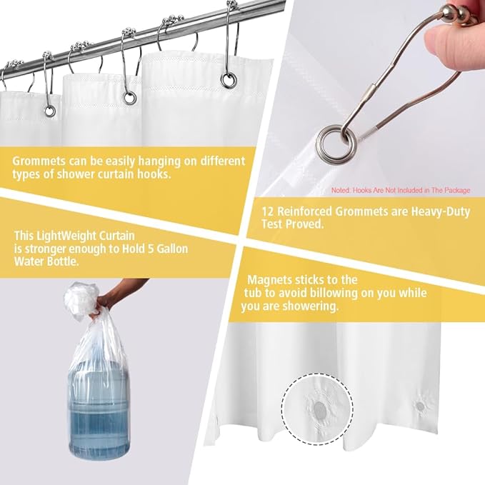 White Plastic Shower Curtain Liner, 72x72 Inch Thin Lightweight Plastic Bathroom Shower Showroom Inner Curtain with Rustproof Metal Grommet Holes and Weighted Magnets