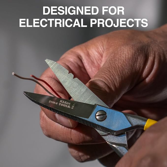 Klein Tools 2100-8 Free-Fall Electrician Snips, Made in USA, 6.25-Inch Stainless Steel Scissors with Stripping Notches, Fully Serrated Blade, Extended Handle, Electrical and Heavy-Duty Applications