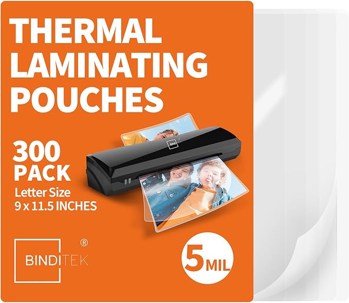 Binditek Laminating Sheets 5 Mil, Universal Fit for All Thermal Laminators, 300 Pack Thermal Laminating Pouches, Letter Size 8.5 x 11 in, Clear Glossy