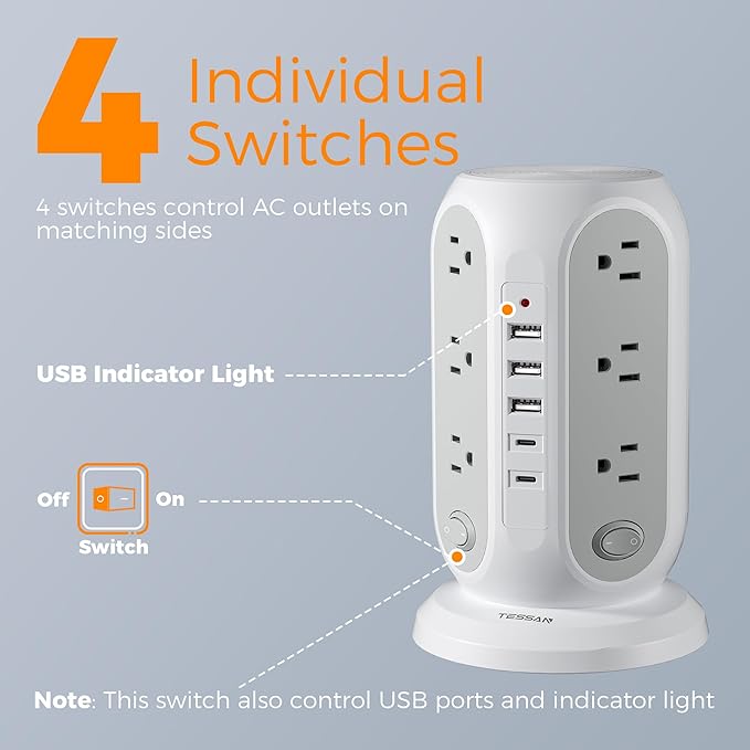 TESSAN Tower Power Strip with Individual Switches, Surge Protector with 12 Outlets, 5 USB Ports(2 USB C), Flat Extension Cord 10 Ft, 1250W, Charging Station for Multiple Devices, for Office, Dorm
