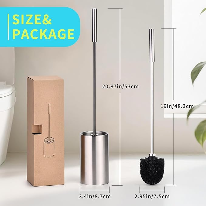Toilet Bowl Brush and Holder Solid Long Handle Toilet Brush for Bathroom with Heavy Duty 304 Stainless Steel Base and 2 Brush Heads for Domestic Deep Cleaning Under Rims (Silver 1)