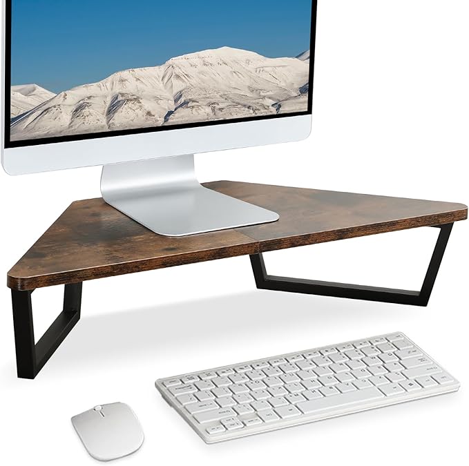 TEAMIX 26 inch Triangle Monitor Stand Riser, Desktop Corner Shelf with Metal Leg Wood Computer Stand with Storage Laptop Riser Office Organization