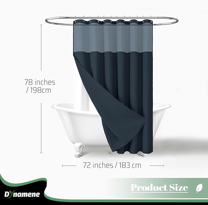 Dynamene 78 Inch Long Shower Curtain, Tall Waffle Fabric Shower Curtains for Bathroom, Hotel Waterproof Cloth Shower Curtain Liner Set with Hooks, Snap in Liner, Mesh Top Window, Navy Blue, 72x78