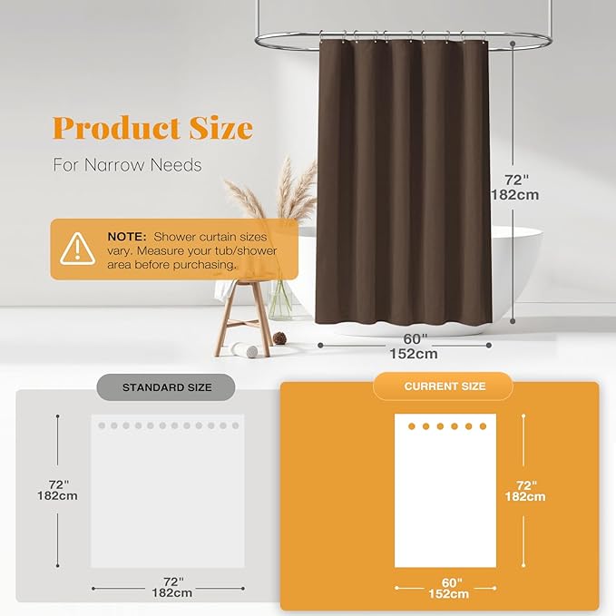 BTTN Fabric Shower Curtain, Linen Textured Heavy Duty Polyester Cloth Shower Curtain Set with Plastic Hooks, Brown, 60" W x 72" L (Pack of 1)