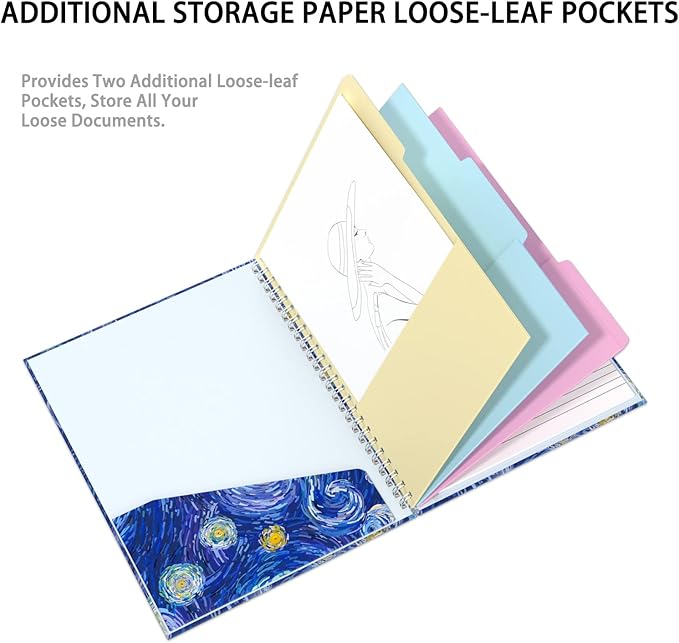 Rimilak Spiral Clipboard Folio with Refillable Lined Notepad, 14.5 x 9.8 In, Hardcover Cover with 5 Interior Pockets, Elastic Band and Pen Loop Series. Cute Stylish Clipfolio, Starry Sky