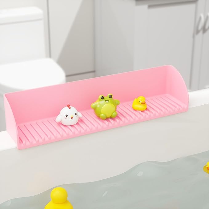Tub Splash Guard for Kids - Silicone Tub Water Splash Guard with 4 Suction Cups for Kitchen Sink, Bath Toy Tray Holder, Tub Shelf for Kids, Bathroom Accessories for Children & Toddler, 1Pack, Pink