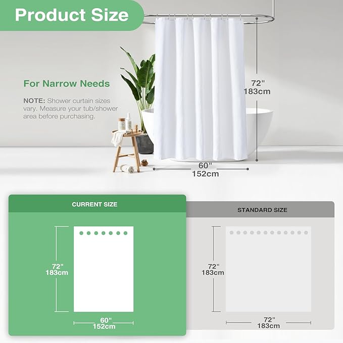 Dynamene 60 inch Stall Shower Curtain - Waffle Weave Heavy Duty Thick Fabric Shower Curtains for Bathroom,Weighted Hotel Spa Luxury Cloth Bath Curtain Set with 10 Plastic Hooks,60x72, White