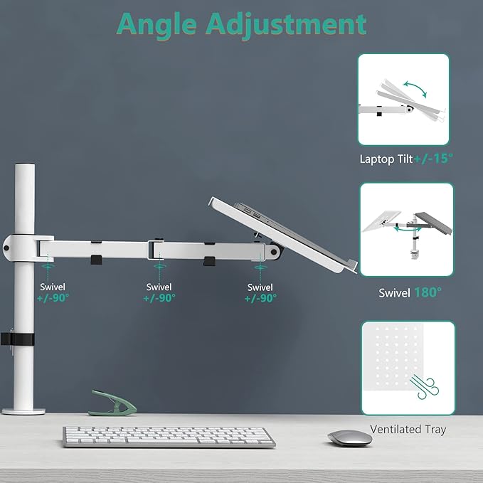 WALI Laptop Desk Mount for 17 inch Notebook, Adjustable Single Monitor Arm with Laptop Holder for 32 inch Screen, Laptops Stand with Ventilated Tray, Up to 22 Lbs, (M00LP-W), White