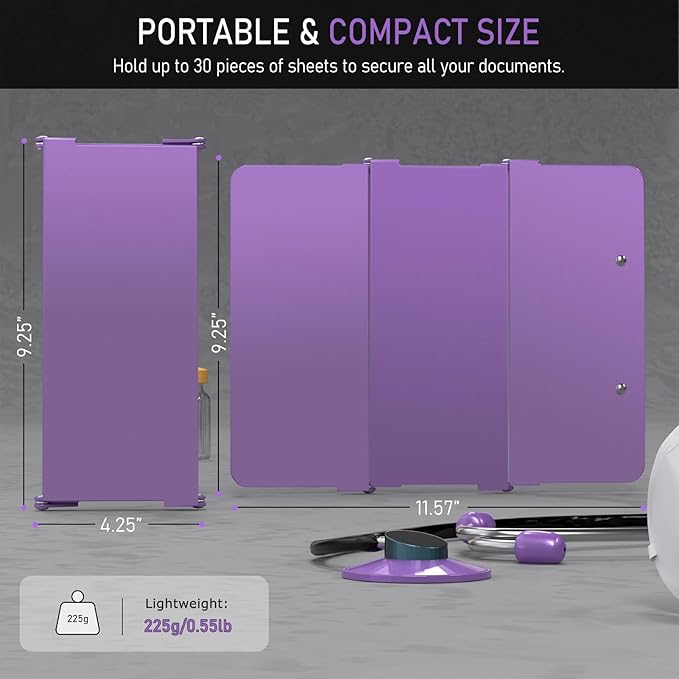 Clipboard Foldable Without Edition Cheat Charts, 3 Layers Aluminum, Nurse Board w/Low Profile Clip&Pen Clip Pocket, Purple