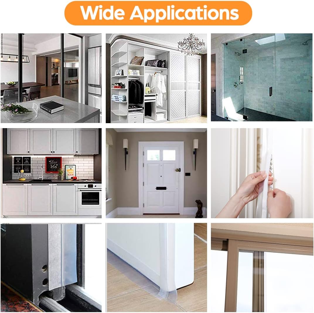 28.9 Ft Door Weather Stripping Door Seal Strip Tape,Silicone Door Draft Stopper,Self Adhesive Shower Door Bottom Seal, Door Insulation Strip for Door Frame Windows and Glass Gaps (Transparent, 25mm)