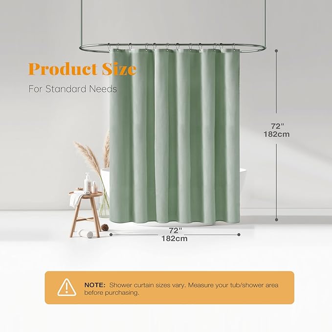 BTTN Sage Green Shower Curtain, Linen Textured Heavy Duty Thick Fabric Shower Curtain Set with 12 Plastic Hooks, Machine Washable, Hotel Spa Luxury Decorative Curtains for Bathroom Showers, 72x72