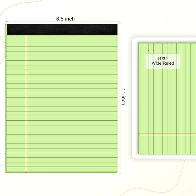 Green Legal Pad Note Pads 8.5 x 11 inch, Wide Ruled Clear Print Writing Pads 30 Sheets/Pad, 20lb Colored Paper, Perforated Notepad with Sturdy Back (3 Pads Green)