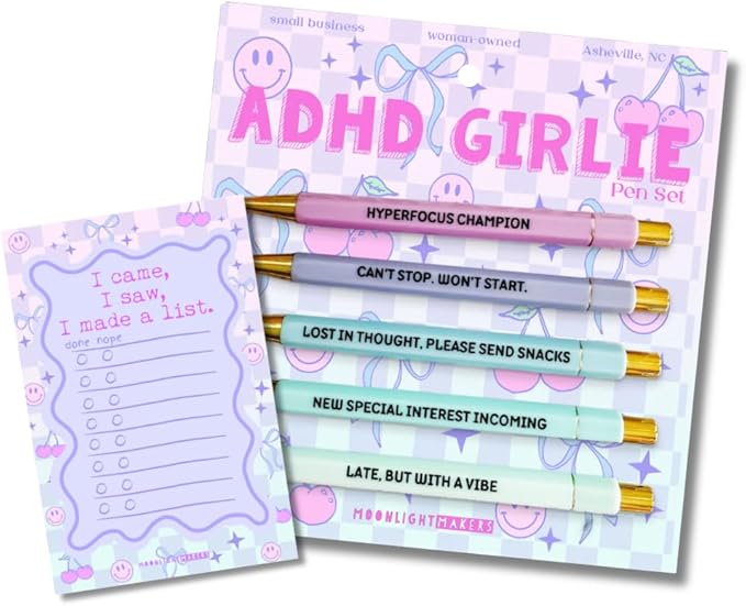 Moonlight Makers Funny Pens and Notepad Stationery Set - Set of 5 ADHD Girlie Engraved Ballpoint Pens with Black Ink, I Came I Saw I Made A List Notepad, Cute Desk Supplies, Funny Work Gifts for Women