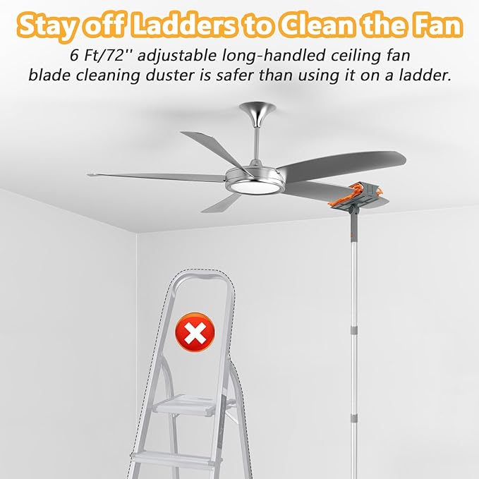 Ceiling Fan Cleaner Duster,72''/6 Ft Extended Pole Fan Blade Cleaner Ceiling Fan Duster,Reusable Cleaning Tool for High Ceiling Fan,Baseboard, Blind, Cobweb, Molding