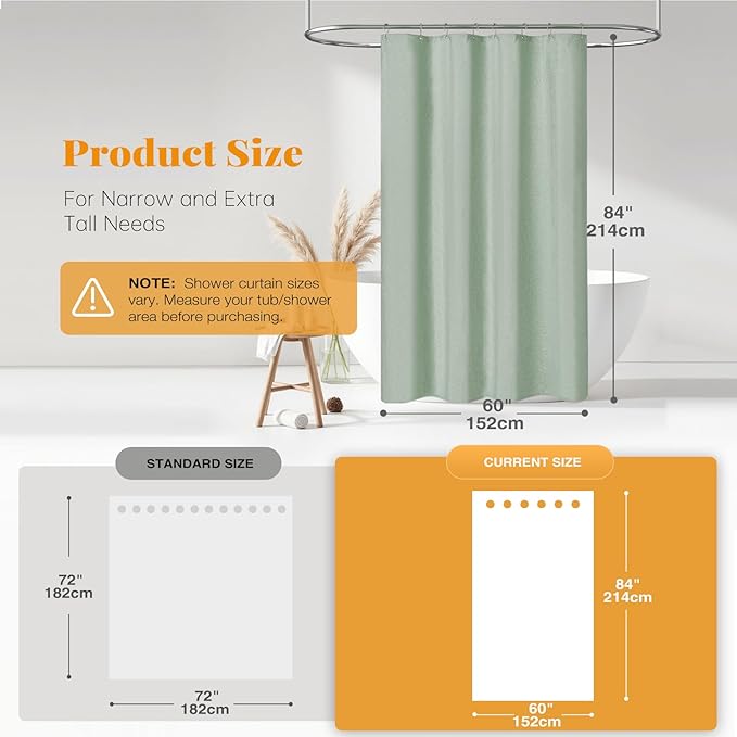 BTTN Stall Fabric Shower Curtain - 60 x 84 Inch Long Linen Textured Heavy Duty Shower Curtain Set with 10 Plastic Hooks, Narrow Decorative Neutral Waterproof Shower Curtains for Bathroom, Sage Green