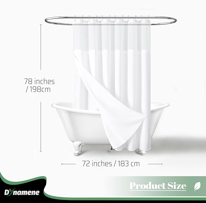Dynamene 78 Inch Long Shower Curtain, Tall Waffle Fabric Shower Curtains for Bathroom, Hotel Waterproof Cloth Shower Curtain Liner Set with Hooks, Snap in Liner, Mesh Top Window, White, 72x78