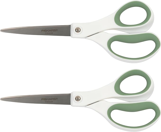 Fiskars Everyday Titanium Scissors, Durable Blades 3X Harder Than Steel, Ergonomic Softgrip Handle for Home and Office Cutting, 8 ", Forest Fern Green, 2 Pack