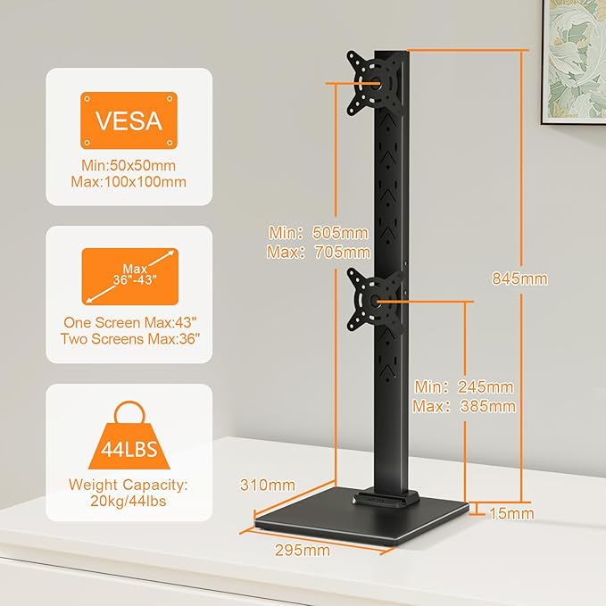 Suptek Dual Monitor Stand with Base- Vertical Stack Screen Free-Standing Monitor Riser Fits Two 13 to 36Inch Screen with Swivel, Tilt, Height Adjustable,50,75 and 100mm Vesa Base Stand