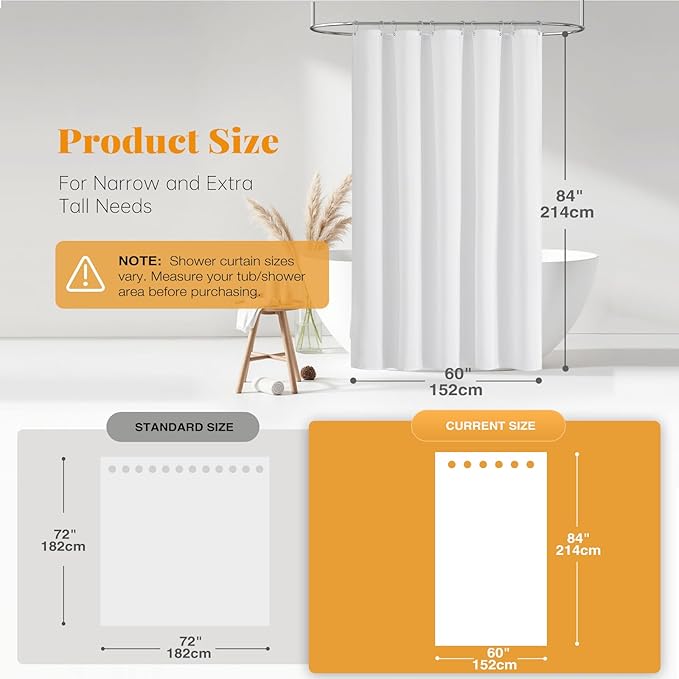 BTTN Fabric Shower Curtain, Linen Textured Heavy Duty Polyester Cloth Shower Curtain Set with Plastic Hooks, White, 60" W x 84" L (Pack of 1)