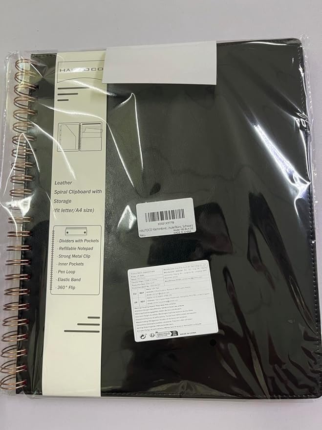 HAUTOCO Spiral Leather Clipboard Folio with Notepad (8.5 x 11''), 5 Folders with 10 Pockets, Storage Zipper Pouch, Pen Loop, 39 Stickers, Padfolio Organizer for Work School, Black