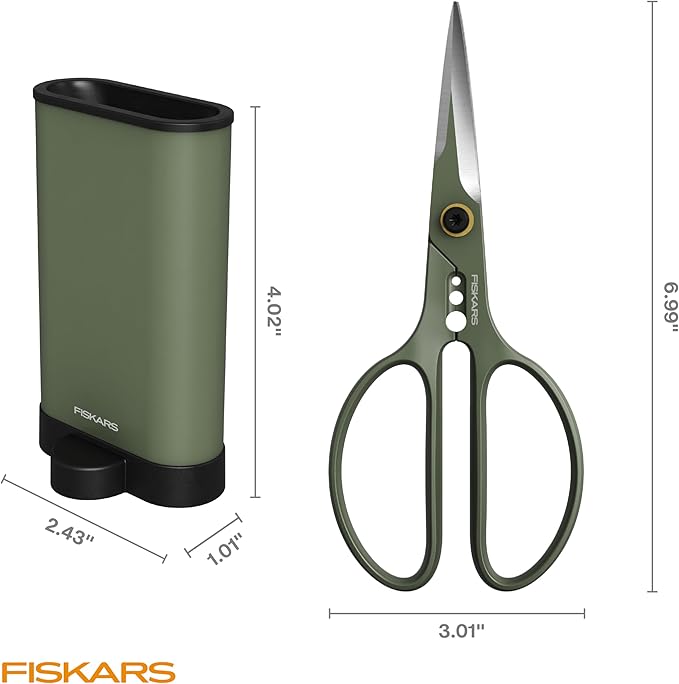 Fiskars Shaper Plant Shears, Precision Indoor Gardening Snips with Storage Caddy, Forged Stainless Steel Blades for Clean Cuts on Broad Leaves, Ambidextrous Handles & Stem Stripper, 6"