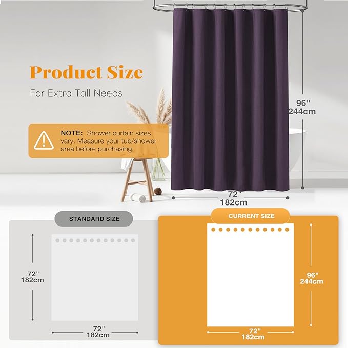 BTTN Extra Long Shower Curtain, 72x96 Inch Long Linen Textured Heavy Duty Fabric Shower Curtain Set with 12 Plastic Hooks, Tall Decorative Neutral Waterproof Cloth Shower Curtain for Bathroom, Purple