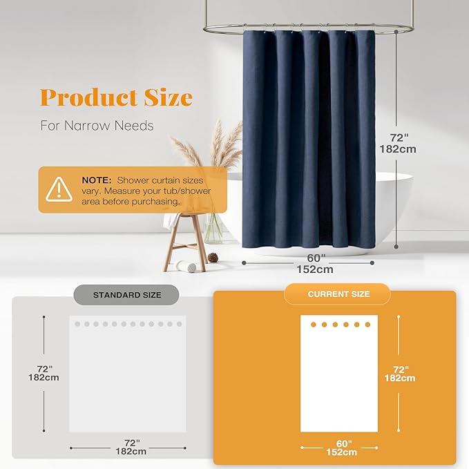 BTTN 60 Inch Fabric Shower Curtain, Stall Linen Textured Waterproof Heavy Duty Cloth Shower Curtain Set with 10 Plastic Hooks, Narrow Hotel Luxury Washable Bath Curtains for Bathroom, 60x72, Navy Blue
